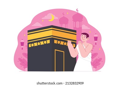 Ramadan Kareem Mubarak concept vector Illustration idea for landing page template, Islamic family, people praying together in mosque, celebrating the holy month at kabah, iftar, Hand drawn Flat Style