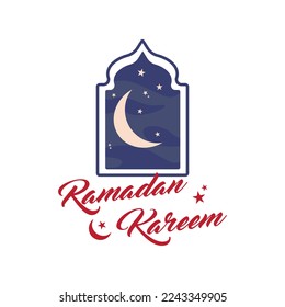 Ramadan Kareem und Ramadan Mubarak Design. Flaches Design Vectorvorlage für Label, Aufkleber, Poster, Flyer, Banner. Islamische Moschee, Mond und Sternschmuck