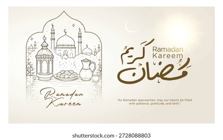 Ramadan Kareem, Ramadan Mubarak und Eid Mubarak  in arabischer Kalligrafie Grüße mit islamischer Dekoration mit hängenden leuchtenden Laternen und Moschee auf Hintergrund.