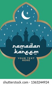 Ramadan Kareem, Ramadan Mubarak greeting card lettering background with beautiful mosque, stars and moon - Vector Illustration EPS
