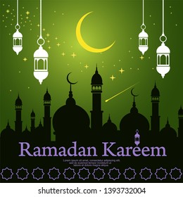 Ramadan Kareem or Ramadan Mubarak greeting card design with mosque shilhouette,crescent moon,lanterns,stars in night sky and various colour background - vector