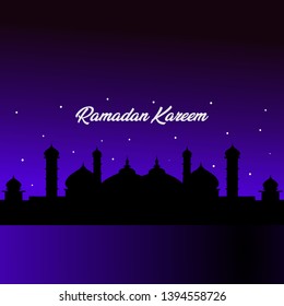 Ramadan Kareem, Ramadan Mubarak greeting card design with mosque shilhouette.
