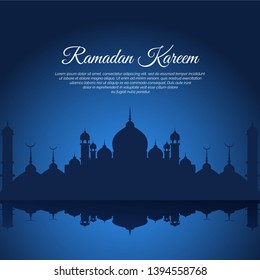 Ramadan Kareem, Ramadan Mubarak greeting card design with mosque shilhouette.