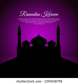 Ramadan Kareem, Ramadan Mubarak greeting card design with mosque shilhouette.