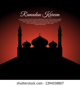 Ramadan Kareem, Ramadan Mubarak greeting card design with mosque shilhouette.