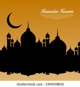 Ramadan Kareem, Ramadan Mubarak greeting card design with mosque shilhouette.