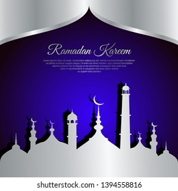 Ramadan Kareem, Ramadan Mubarak greeting card design with mosque shilhouette.