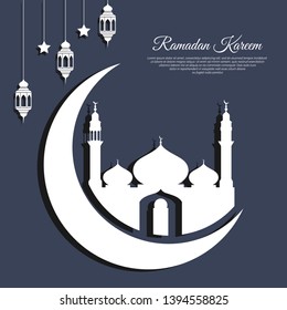Ramadan Kareem, Ramadan Mubarak greeting card design with mosque shilhouette.