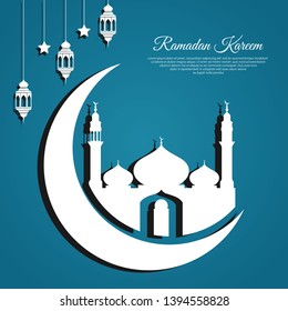 Ramadan Kareem, Ramadan Mubarak greeting card design with mosque shilhouette.