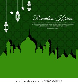 Ramadan Kareem, Ramadan Mubarak greeting card design with mosque shilhouette.