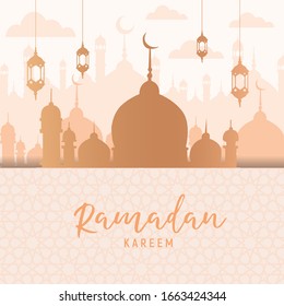 Tarjeta de felicitación Ramadan Kareem Mubarak. Feliz y sagrado Ramadán. Mes de ayuno para los musulmanes. Caligrafía árabe. logo en letras árabes con mezquita y patrón. diseño de corte de papel. Diseño 3D.