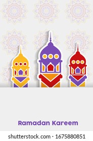 Ramadan Kareem Mubarak Greeting Card. Happy & Holy Ramadan. Month of fasting for Muslims. Arabic Calligraphy. logo in arabic letters with mosque and pattern. paper cut design. 3D design.