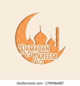 Ramadan Kareem Mubarak Greeting Card. Happy & Holy Ramadan. Month of fasting for Muslims. Arabic Calligraphy. logo in arabic letters with mosque and pattern. paper cut design. luxury 3D design.