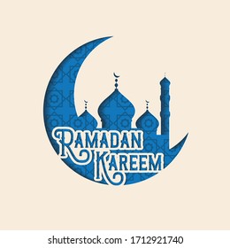 Ramadan Kareem Mubarak Greeting Card. Happy & Holy Ramadan. Month of fasting for Muslims. Arabic Calligraphy. logo in arabic letters with mosque and pattern. paper cut design. luxury 3D design.