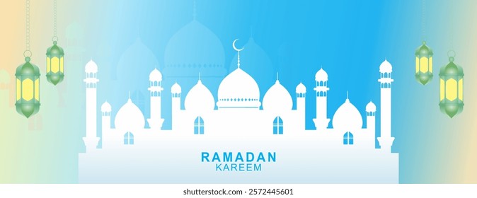 Ramadan Kareem or Ramadan Mubarak greeting card design with mosque shilhouette,crescent moon,lanterns,stars in night sky and various colour background