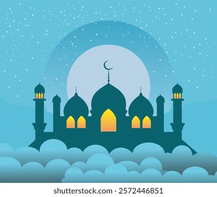 Ramadan Kareem or Ramadan Mubarak greeting card design with mosque shilhouette,crescent moon,lanterns,stars in night sky and various colour background