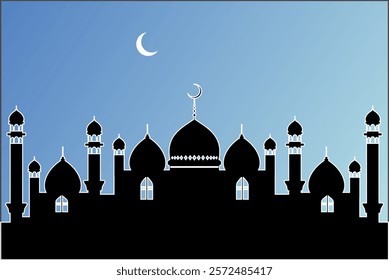 Ramadan Kareem or Ramadan Mubarak greeting card design with mosque shilhouette,crescent moon,lanterns,stars in night sky and various colour background