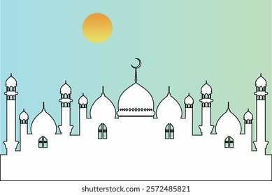 Ramadan Kareem or Ramadan Mubarak greeting card design with mosque shilhouette,crescent moon,lanterns,stars in night sky and various colour background