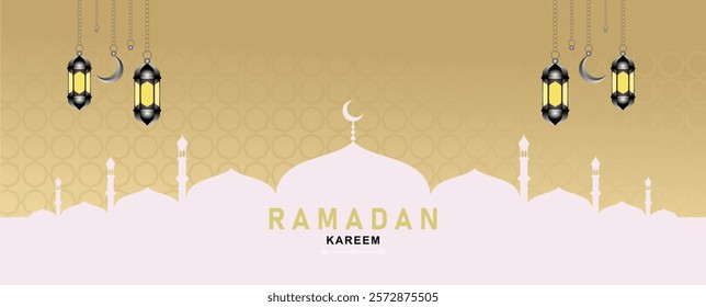 Ramadan Kareem or Ramadan Mubarak greeting card design with mosque shilhouette,crescent moon,lanterns,stars in night sky and various colour background