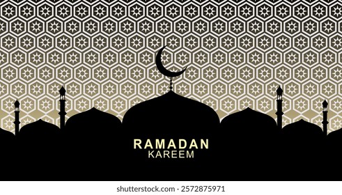 Ramadan Kareem or Ramadan Mubarak greeting card design with mosque shilhouette,crescent moon,lanterns,stars in night sky and various colour background