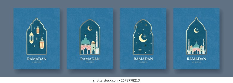 Ramadan Kareem and Mubarak greeting card set. Mosque, lanterns, windows, arches, moon and stars. Modern vector illustration