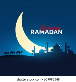 Ramadan Kareem. Ramadan Mubarak. Greeting card. Arabian night with Crescent moon and camel