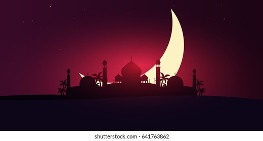 Ramadan Kareem. Ramadan Mubarak. Greeting card. Arabian night with Crescent moon