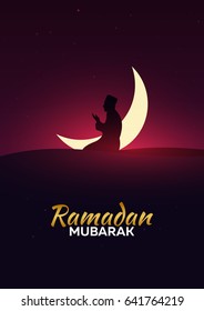Ramadan Kareem. Ramadan Mubarak. Greeting card. Arabian night with Crescent moon