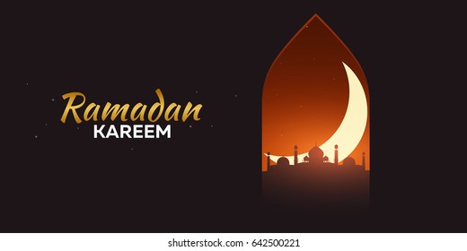 Ramadan Kareem. Ramadan Mubarak. Greeting card. Arabian night with Crescent moon