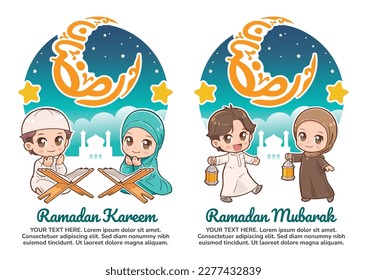 Ramadan Kareem and Ramadan Mubarak greeting designs, cartoon character of Muslim kids reading Qurans, carrying lanterns and feeling happy. Translation of the moon-shaped Arabic typography: "Ramadan".