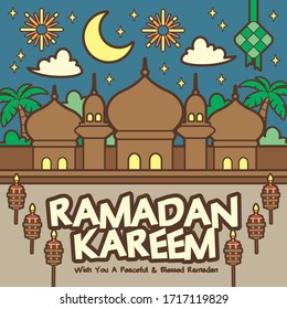 Ramadan kareem / Ramadan Mubarak greeting template with traditional mosque. (translation: May Ramadan be generous to you)