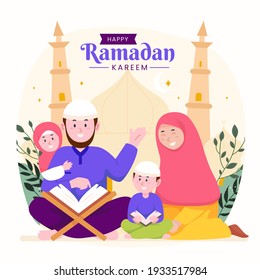 Ramadan kareem mubarak happy moslem family together reading quran during fasting with kids, children and parents, suitable for Greeting card, invitation and banner. flat vector illustration.