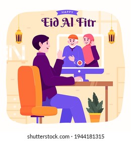 Ramadan Kareem Mubarak Happy Moslem Family Celebrating Eid Al Fitr Video Call Through Internet, Distance Internet, With Man And Parents. Suitable For Greeting Card, Invitation And Banner. Flat Vector