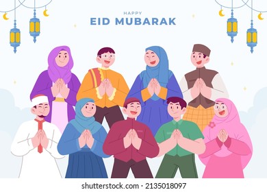 Ramadan kareem mubarak happy moslem family celebrating eid al fitr to all muslim, with kids children and parents. suitable for Greeting card, invitation and banner. flat vector illustration