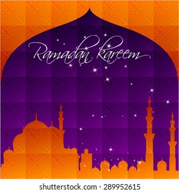 Ramadan Kareem Mubarak - a month of forgiveness and wish. Greeting card with stars and mosque silhouette, background. vector illustration
