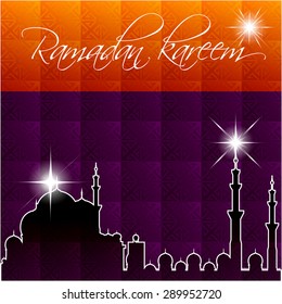 Ramadan Kareem Mubarak - a month of forgiveness and wish. Greeting card with mosque and ornament, background. vector illustration