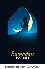 Ramadan Kareem. Ramadan Mubarak. Pray. Greeting card. Arabian night with Crescent moon