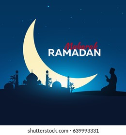 Ramadan Kareem. Ramadan Mubarak. Pray. Greeting card. Arabian night with Crescent moon