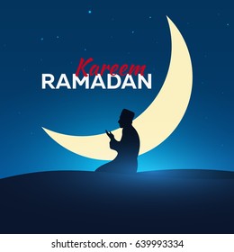 Ramadan Kareem. Ramadan Mubarak. Pray. Greeting card. Arabian night with Crescent moon