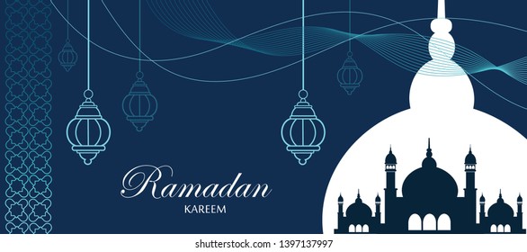 Ramadan Kareem or Ramadan Mubarak template banner design  with mosque shilhouette,stars,lanterns,line graphic in  colour background - vector
