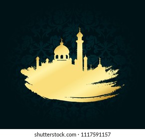 Ramadan kareem mubarak vector illustration for celebration gold brush stroke with mosque over black background