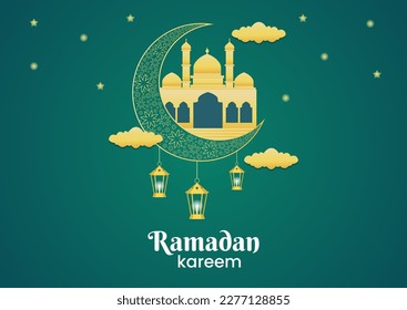 Ramadan Kareem or Mubarak Vector Illustration with Mosque, Moon and Lantern in Islamic Celebration Template Background Style Design