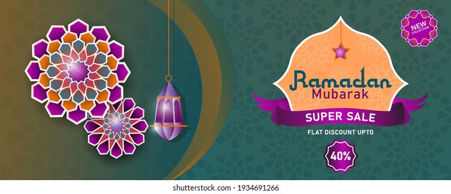 ramadan kareem mubarak, web header or banner design with elements using paper cut style design and and super sale flat discount up to 40% on dark blue background