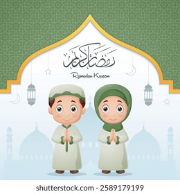 Ramadan kareem with muslim boy and girl cartoon