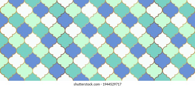 Ramadan Kareem Muslim Decoration. Seamless Moroccan Mosaic Pattern. Traditional Ramadan Golden Mosque Grid. Eid Mubarak Islamic Illustration. Turkish Mosque Window Motif. Seamless Moroccan Ornament
