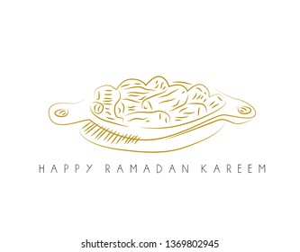 Ramadan Kareem is muslim event Background with Engraving Illustration of Mosque and Arabian Desert. 
