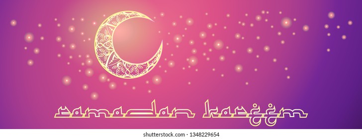 Ramadan Kareem Muslim Feast of the holy month,  Golden Luminous Silhouettes of the Moon with Stars,the inscription from below, the Bright Background. vector illustration