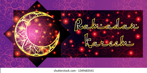 Ramadan Kareem Muslim Feast of the holy month,  Golden Luminous Silhouettes of the Moon with Stars,the inscription in the center,Purple Background with an Islamic star and Calligraphic pattern eps 10