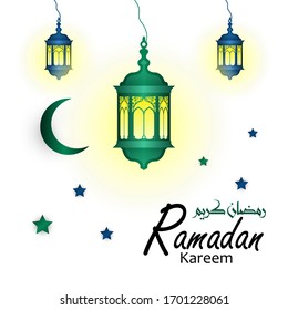 Ramadan kareem muslim greetings card design with hanging lantern or fanoos and crescent moon in decorated colorful background. The arabic words translation is Ramadan Kareem.