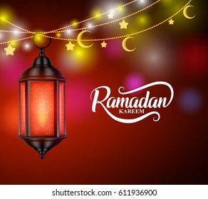 Ramadan kareem muslim greetings vector design with hanging lantern or fanoos and crescent moon in decorated colorful background. Vector illustration.
